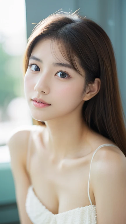 lens: 135mm f1.8, (Highest quality), (Beautiful 20 year old Japanese girl), (Moisturized lips), Narrow eyes, double eyelid, Delicate clavicle, Flat Chest , I&#39;m ashamed of my smallness, Underdeveloped breasts, smile, (Spotted sunlight: 1.2), Professional Lighting, (Petite figure), (Sunburned skin: 0.2), Full body photo, Full Body Focus, (Standing posture)、A proper honor student、Slender body、(A wearing a navy blue swimsuit:1.5)、boyish, Putting very short hair into a ponytail、Stylish white bedroom、Ribbon on chest、Sweep all your hair back、Crouching with rope、Round 1,(((Completely naked))),  The gesture of taking off the bikini