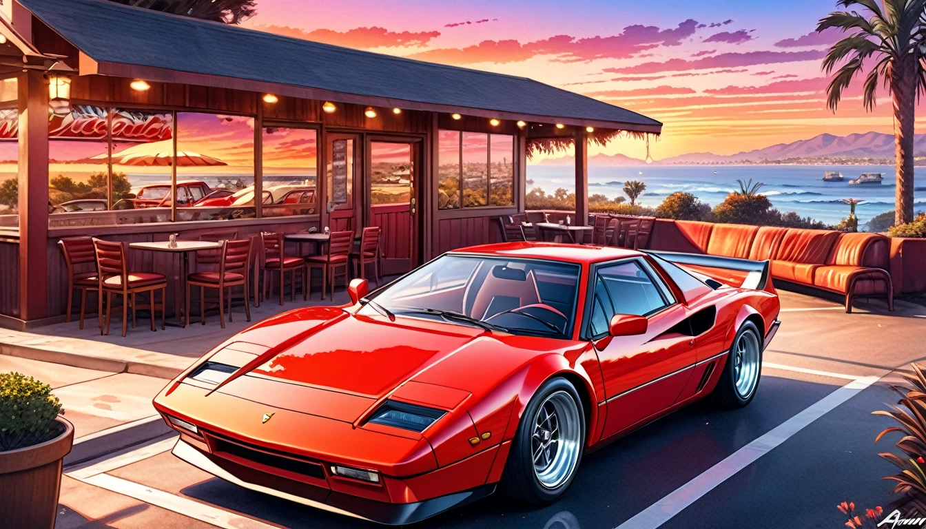 Historical masterpieces,Sunset in California, USA,A picture of a red sports car parked in front of a restaurant, Beautiful artwork, OutRun art style, Beautiful digital art, Great art style, Retro style, Landscape Background,, Highly detailed digital painting,Watercolor style, super Realistic painting style, Detailed 4K painting, Realistic painting style, Awesome Wallpapers