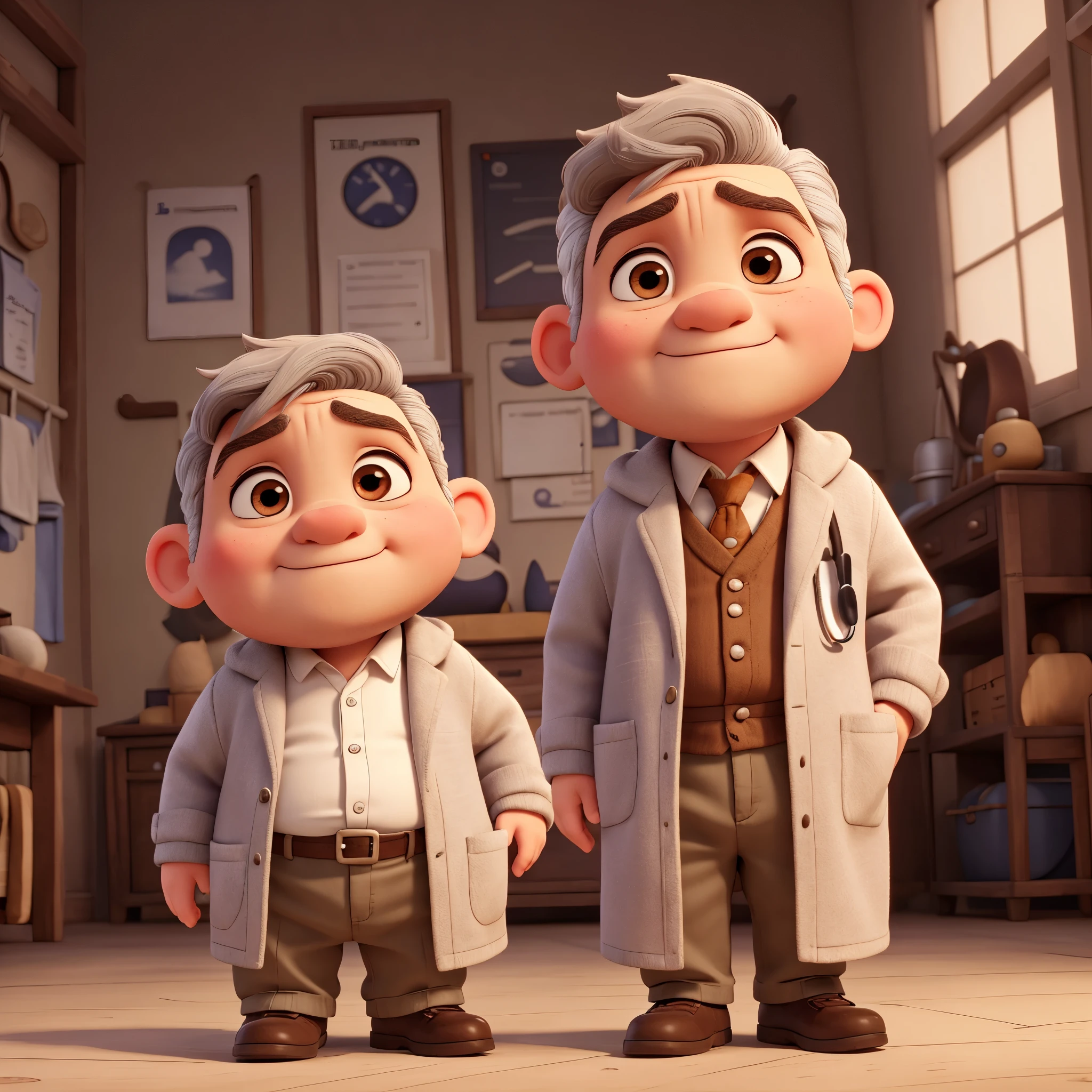 serious old little doctor, a little overweight, little fat, remake to disney persona, no beard, big ears, brown eyebrown, grey hair, white coat, stethoscope, grey hair, hair little to side, low eyebrown, low eyes, 85 kg, little eyebrown, ears touh in head, half-closed eyes, UHD, best quality, mid fade, high crease, big brow