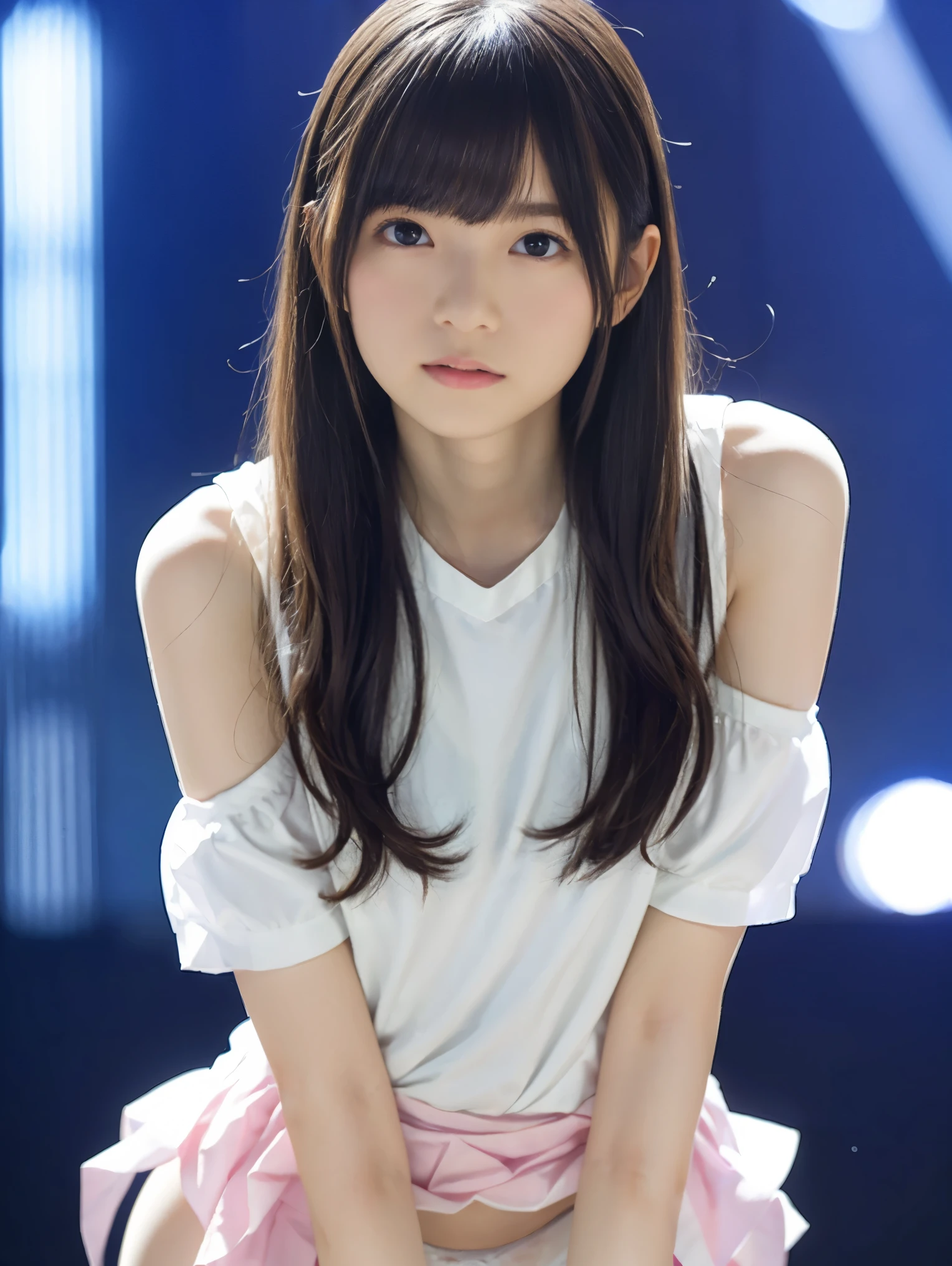 (A loose fitting smock(white:1.2), Tight micro mini skirt(Pale pale lemon yellow color:1.2)), ((highest quality, 16k, Super detailed、Ultra-high resolution、From head to thighs: 1.3, RAW Photos)), Sharp focus: 1.2, (1. AESPA Girl :1.1), (alone: 1.1), (Realistic, Realistic: 1.37), (Face Focus: 1.1), beautiful girl、Anatomically correct proportions、Cute face, Super detailedな顔, Long, messy hair, Updo,High Ponytail、Wide open chest、Small breasts、Flat Chest、A slight swelling、Voluptuous thighs、(Natural Makeup:1.1)、office、sitting on a chair、Operating a computer、