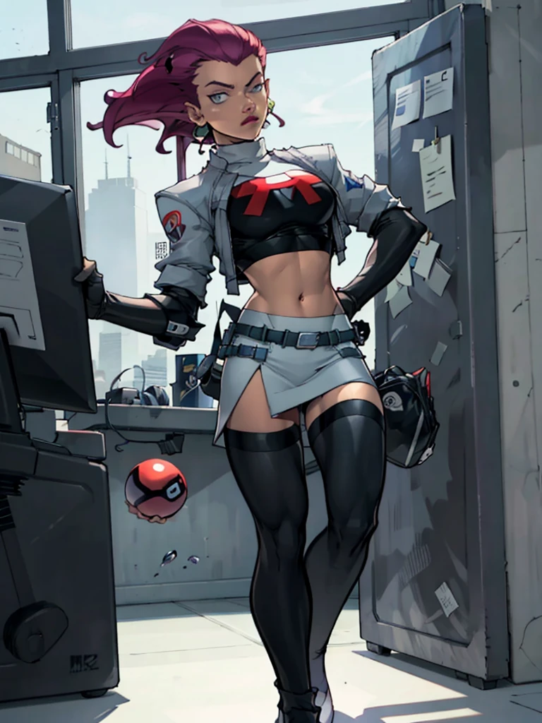EPpkJessie, long purple hair, hair slicked back,earrings,blue eyes,team rocket uniform, white cropped jacket, black elbow gloves, navel, skirt, black thigh highs, looking at viewer, serious, standing, holding poke ball, inside office, window, cityscape, high quality, masterpiece 