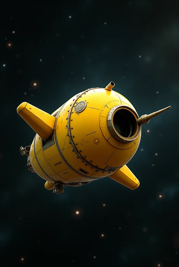 A small yellow capsule-type spaceship,1969s Design,Spaceships don&#39;t have wings,Riveted surface,There is writing on it,The window is small and a peephole,