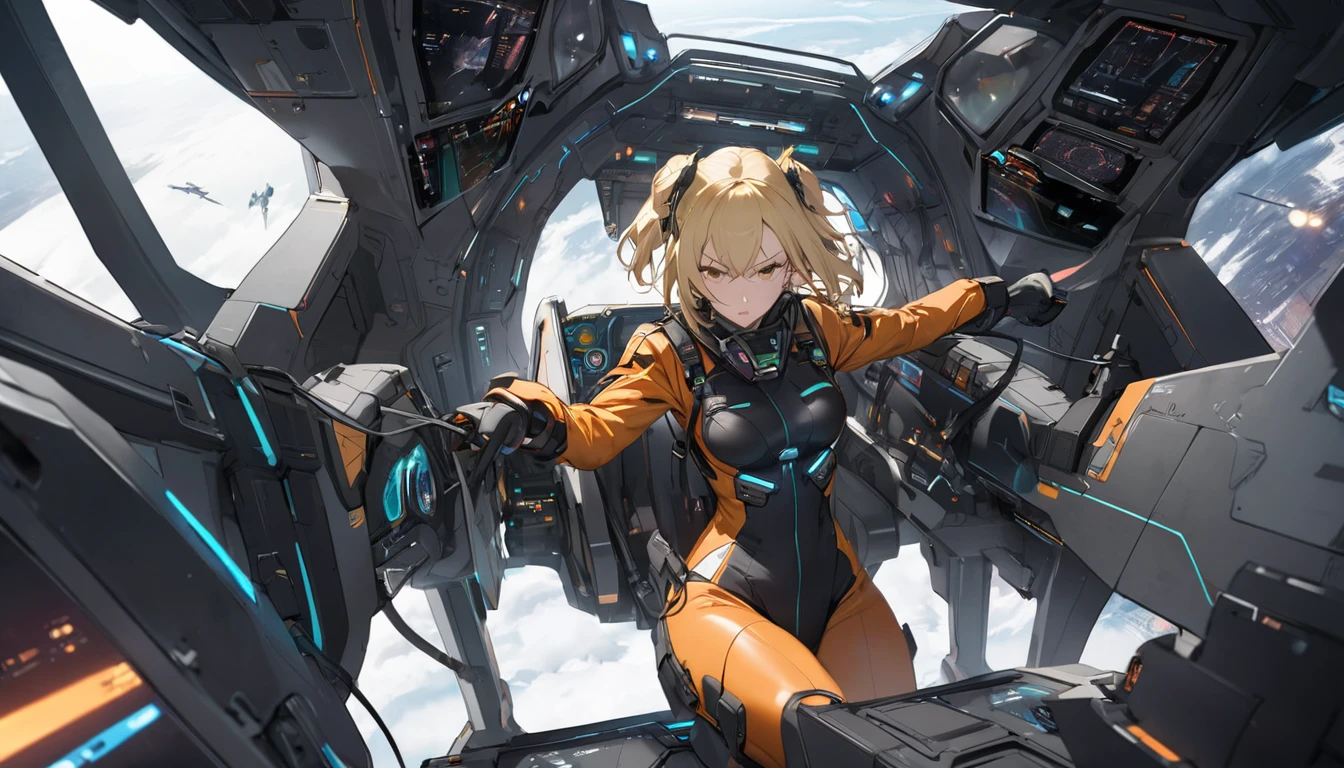 Highest quality,Woman in futuristic pilot suit、Blonde,Mad Cockpit,battle