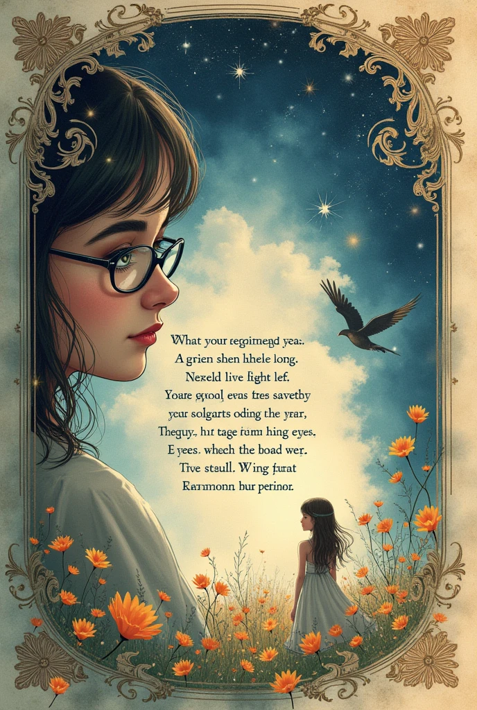 Make a book page with the following stanza:
That girl with glasses...
In your eyes, stars to enchant me.
It has a beauty that makes me admire it.
That already made me want you.
bet, At the end, the best option was to abandon this feeling.