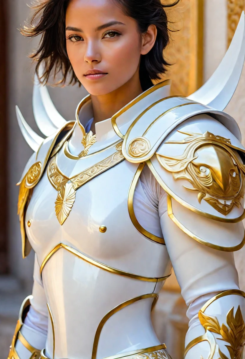 A close-up of a person dressed in white and gold, Intrincada white armor y dorada., pesada white armor y dorada, detailed white armor, sleek white armor, glossy white armor, sleek bright white armor, white armor, white armor y dorada adornada, Genus, sleek smooth white plated armor, white plated armor, Silver armor with fine gold ornaments