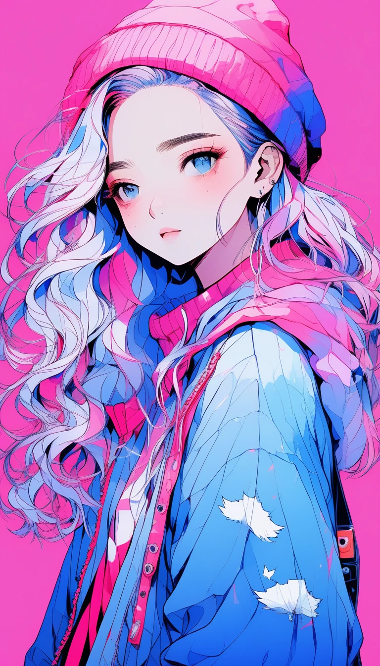 (best quality:0.8), (best quality:0.8), perfect illustration((masterpiece, best quality)), japanese cartoon movies , realistic ,sketch , 1 girl, sweater, blue gradient background, Neon Hair, Texture Trim, Canadian,