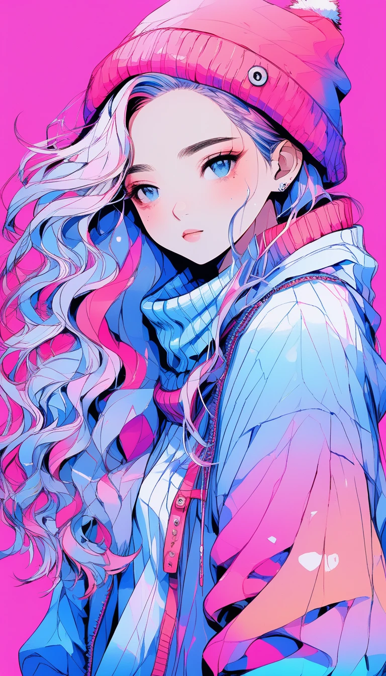 (best quality:0.8), (best quality:0.8), perfect illustration((masterpiece, best quality)), japanese cartoon movies , realistic ,sketch , 1 girl, sweater, blue gradient background, Neon Hair, Texture Trim, Canadian, 