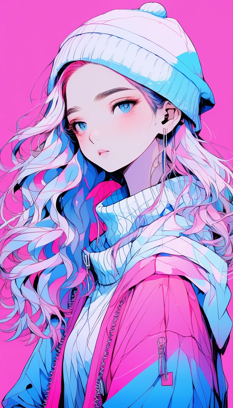 (best quality:0.8), (best quality:0.8), perfect illustration((masterpiece, best quality)), japanese cartoon movies , realistic ,sketch , 1 girl, sweater, blue gradient background, Neon Hair, Texture Trim, Canadian, 