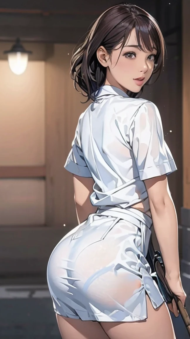 (masterpiece:1.2, Highest quality), (Realistic, photoRealistic:1.4),Beautiful illustrations,(Natural Side Lighting, Cinema Lighting),1 female,Japanese,Mature Woman,Female police officer on patrol,28 years old,Perfect Face, Symmetrical face, Glowing Skin,Random Hairstyles,Big eyes,Sexy Eyes,(smile),(whole body),break((Police Officer Shirt)),((A tight mini skirt made of thin fabric)),(The background is a street corner:1.5),(((Background Blur:1.5))),((Police uniform)),break(((From behind:1.5))),(((Stick your butt out:1.2)))