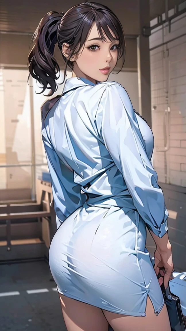(masterpiece:1.2, Highest quality), (Realistic, photoRealistic:1.4),Beautiful illustrations,(Natural Side Lighting, Cinema Lighting),1 female,Japanese,Mature Woman,Female police officer on patrol,28 years old,Perfect Face, Symmetrical face, Glowing Skin,Random Hairstyles,Big eyes,Sexy Eyes,(smile),(whole body),break((Police Officer Shirt)),((A tight mini skirt made of thin fabric)),(The background is a street corner:1.5),(((Background Blur:1.5))),((Police uniform)),break(((From behind:1.5))),(((Stick your butt out:1.2)))