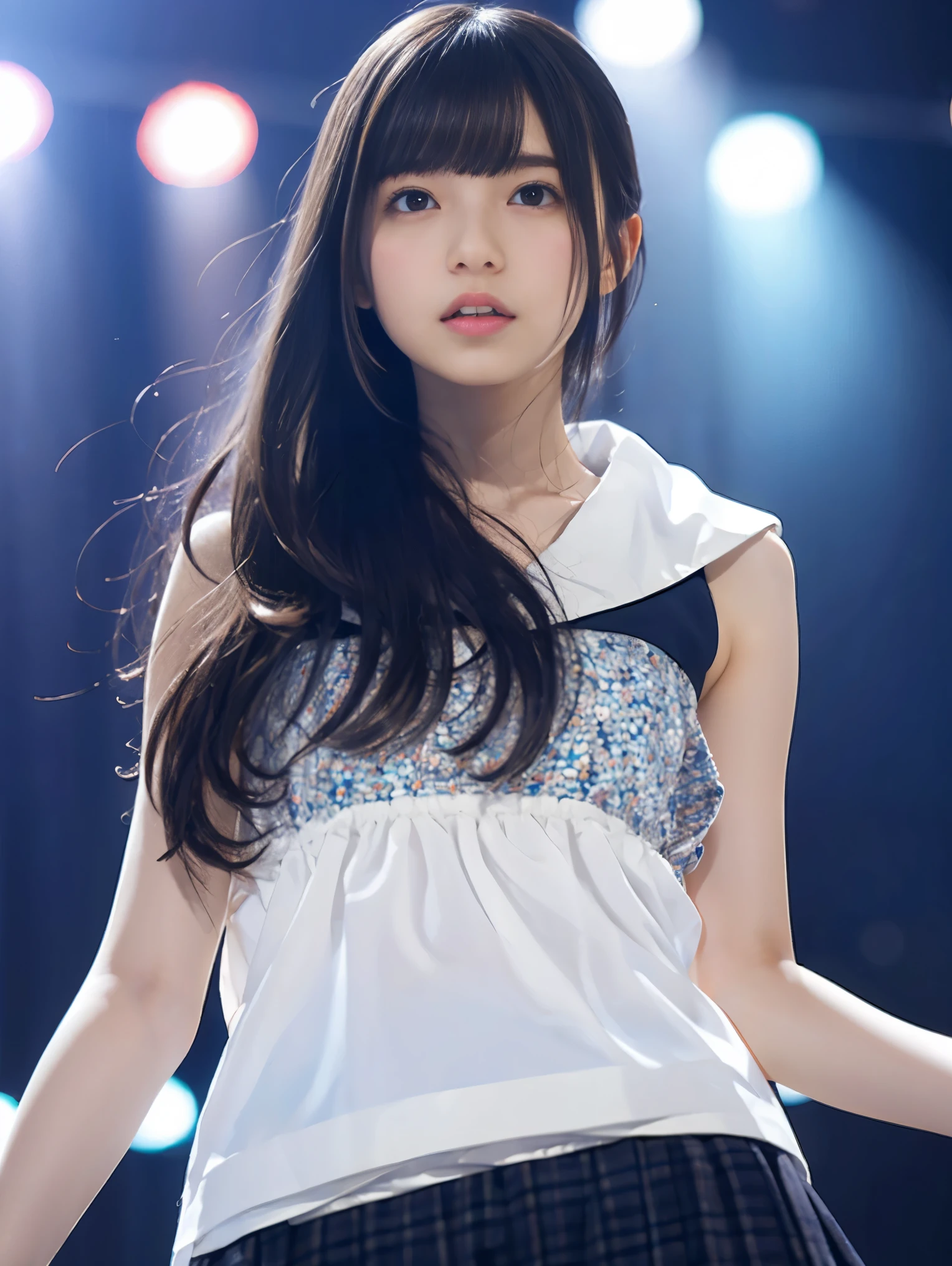 Highly detailed CG Unity 8k wallpaper、Highest quality、Ultra-detailed、masterpiece、Realistic、Photo realistic、A cute girl drawn in great detail、20-year-old、(Skirt rip)、(Roll up the skirt yourself))、White panties、Panty Focus、blush、Lips parted、Looking at the audience、Semi Body Shot、JAPANESE IDOL OUTFIT、stage、Showing panties、Waist、From below