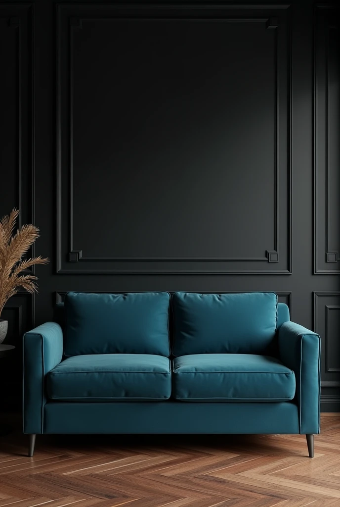 Create a living room with a black wall, brown wooden floor and a petrol blue sofa