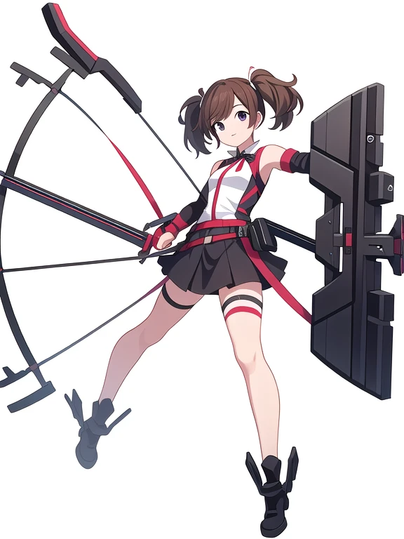 (((Best Quality))) , ((full body)), female, reference sheet, solo, (white background), crossbow, low twintails,