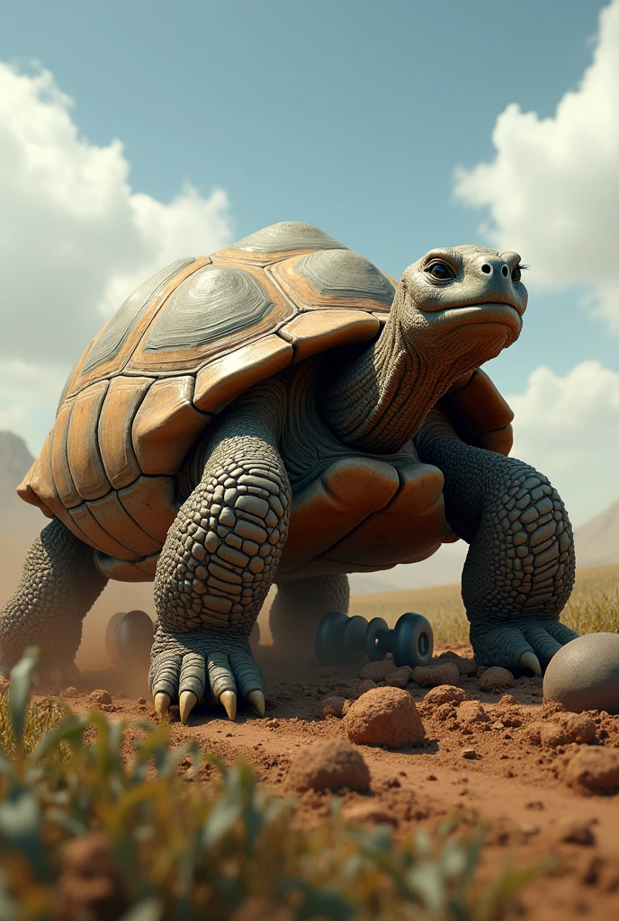 Imagine a robust and determined tortoise, with an expression of effort, dragging a tractor plow harrow. The grid can be the same size with several discs and to look like it is being pulled with difficulty by the tortoise. The setting can be a field or a crop area, highlighting a more side profile image
