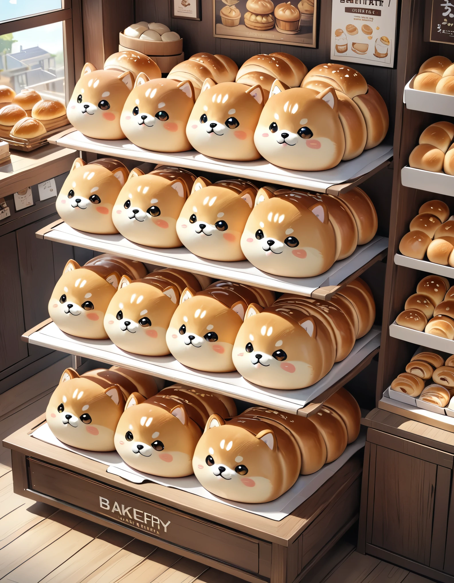 (masterpiece:1.2, Highest quality,Highest quality,Very detailedな:1.2),(Very detailed),(Best illustrations),8k,(A woman working at a bakery:1.6),(Mr.々Small Shiba Inu character breads with cute expressions are arranged in a square.,Bakery Shop,Deformation,Very simple design),3D drawing