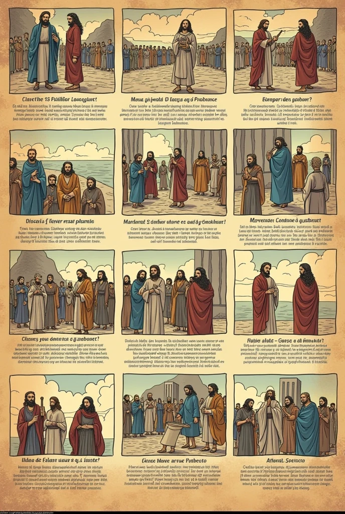 Create a 10-panel comic strip representing each of the 10 Commandments. Use a classic biblical art style and focus on the visual impact of each commandment. with the conversation in Spanish
