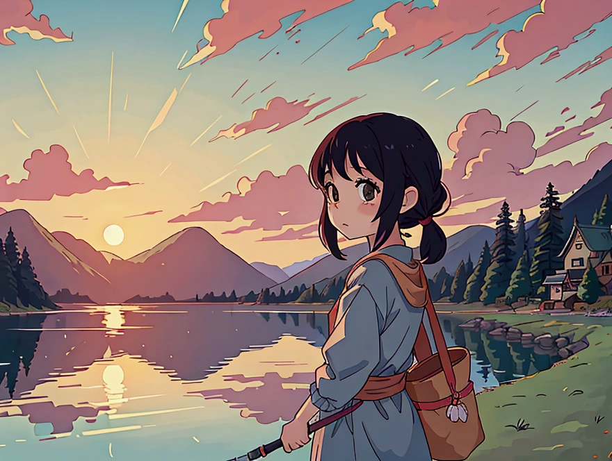 Ghibli-style scenery、Lake shore in the evening、Sunset while fishing、A worried face、１５Year old girl