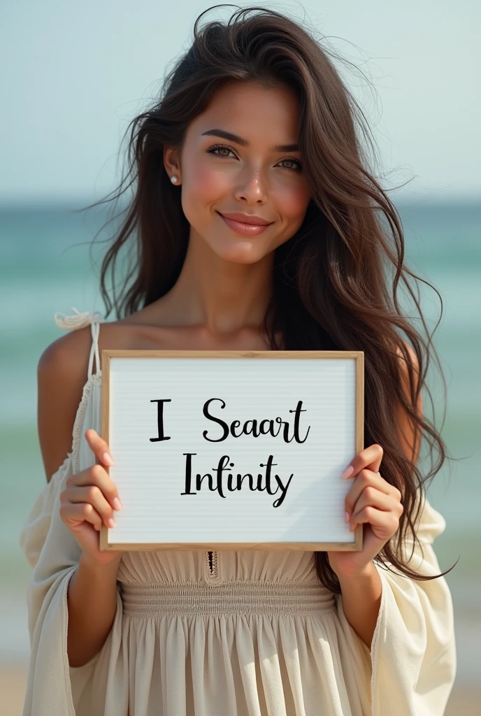 Beautiful girl with wavy long hair, bohemian dress, holding a white board with text "I Love Seaart Infinity" and showing it to the viewer