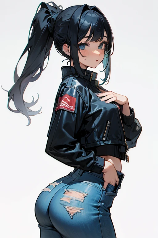 girl, big butt, thick thighs, flat chest, torn jeans, strapless top, jacket, long ponytail, side bangs