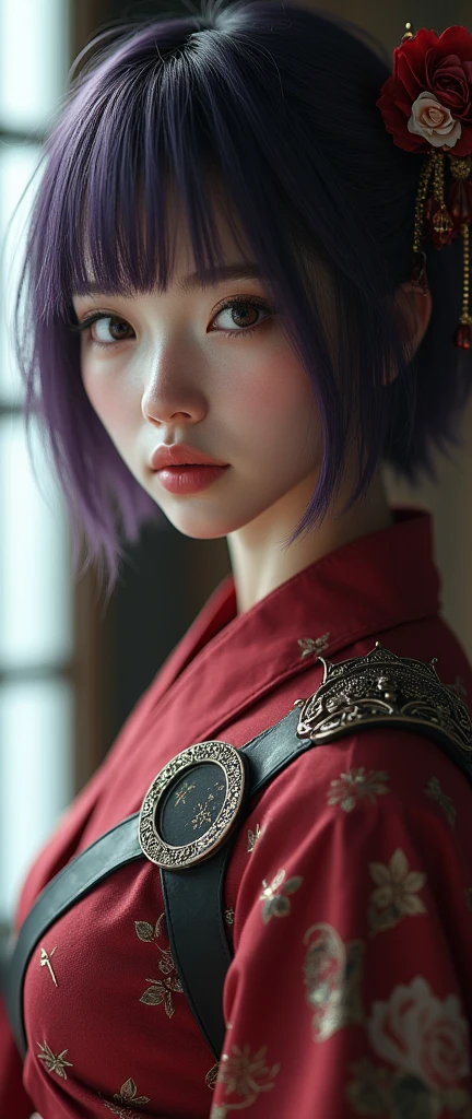 ,((Perfect Anatomy:1.2,Realistic:1.3,RAW Photos:1.3,masterpiece、Highest quality、Ultra - High resolution、High resolution、Extremely detailed CG、8k)),Cowboy Shot,1 female,alone,18 year old beauty, Japanese、((Beautiful and exquisite face and eyes:1.2,Big beautiful eyes:1.2)),Dark purple hair,Short Bob Cut Hair,Blunt bangs,Medium chest,Slender body,Small Head:1.3,skinny,(Oily skin,Glowing Skin,Glowing Skin),Taisho Steampunk Fashion、mini skirt、barefoot、Combat Boots,soldier、Taisho Punk、