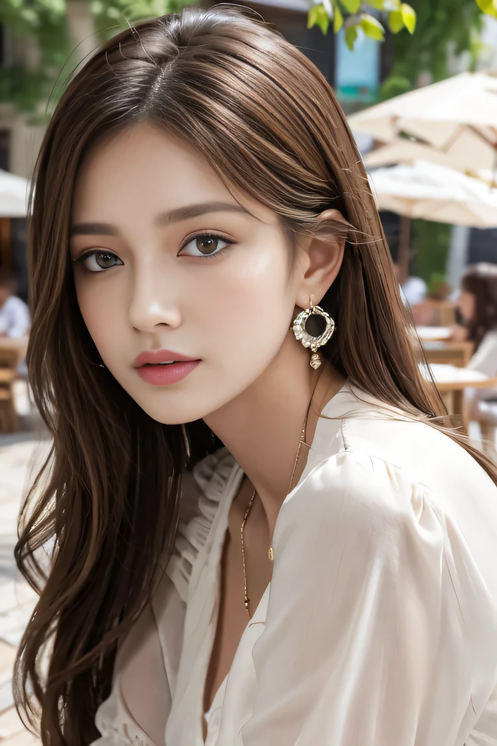 masterpiece, Highest quality, Realistic, Very detailed, Finer details, High resolution, 8k wallpaper, One beautiful woman,Wear a nice blouse, On the terrace of a lovely cafe, at noon, Light brown messy hair, Perfect dynamic composition, Beautiful and beautiful eyes、Big earrings、