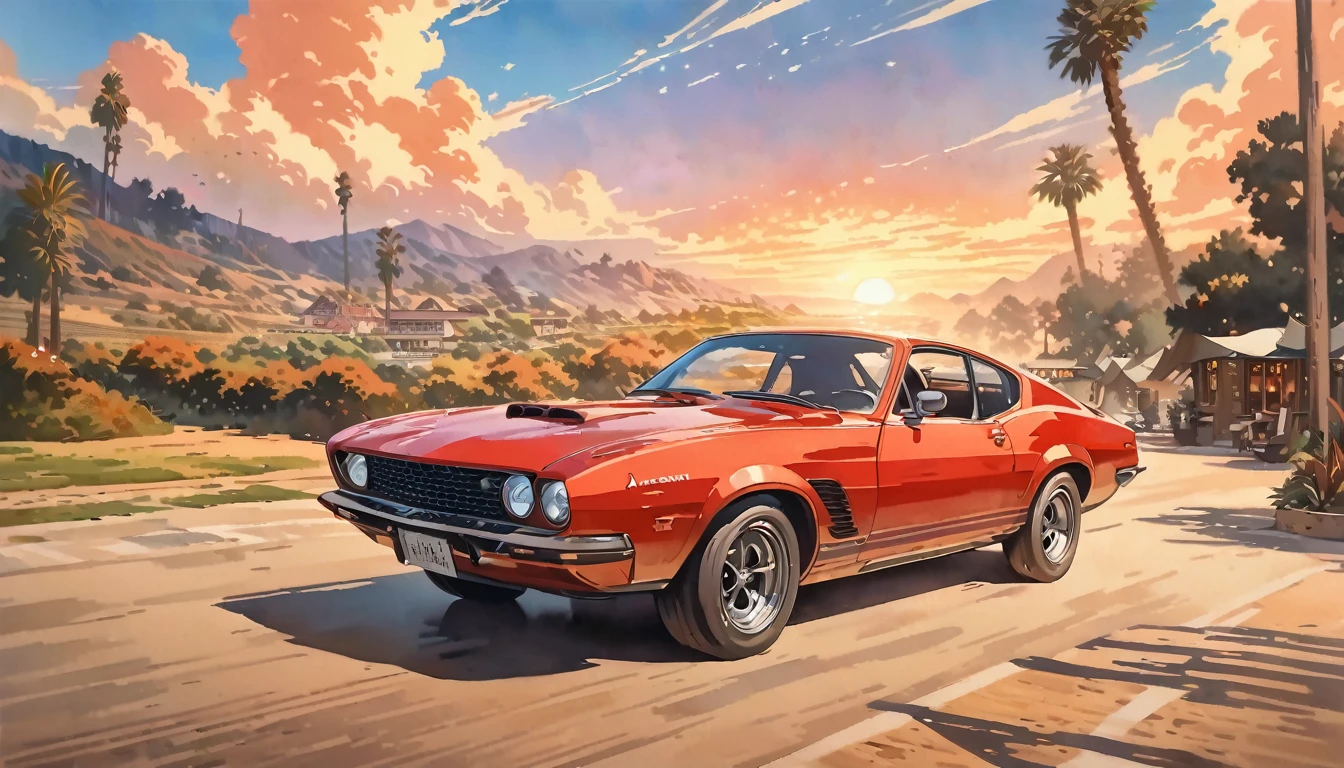 Historical masterpieces,Sunset in California, USA,A picture of a red sports car parked in front of a restaurant, Beautiful artwork, OutRun art style, Beautiful digital art, Great art style, Retro style, Landscape Background,, Highly detailed digital painting,Watercolor style, super Realistic painting style, Detailed 4K painting, Realistic painting style, Awesome Wallpapers