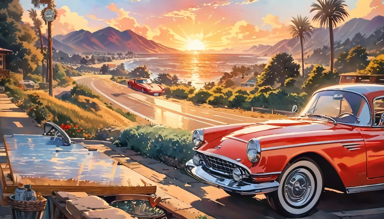 Historical masterpieces,Sunset in California, USA,A picture of a red sports car parked in front of a restaurant, Beautiful artwork, OutRun art style, Beautiful digital art, Great art style, Retro style, Landscape Background,, Highly detailed digital painting,Watercolor style, super Realistic painting style, Detailed 4K painting, Realistic painting style, Awesome Wallpapers