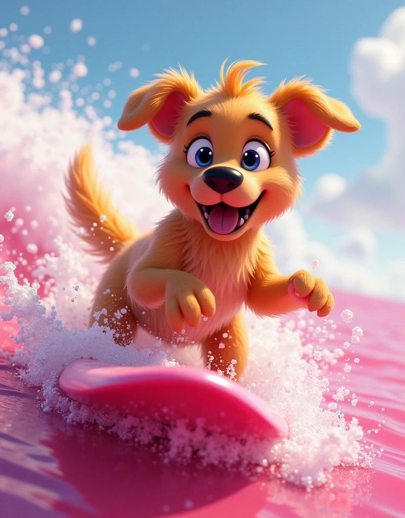 a german shepred doing surf in pink water in the pixar disney style