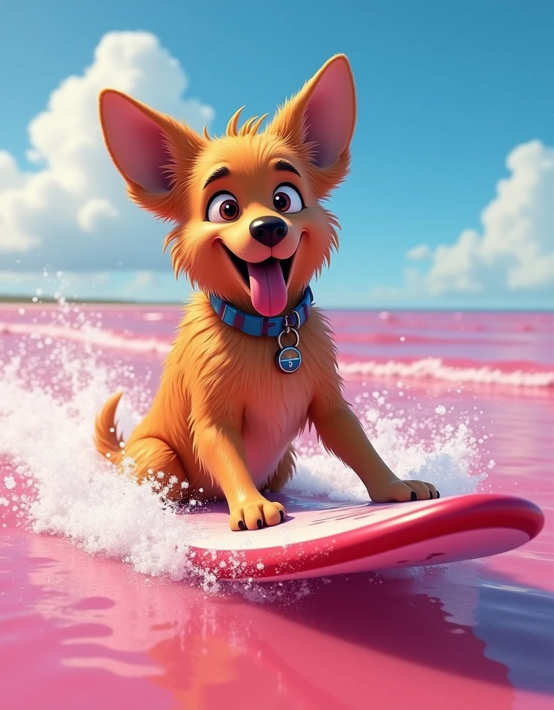a german shepred doing surf in pink water in the pixar disney style