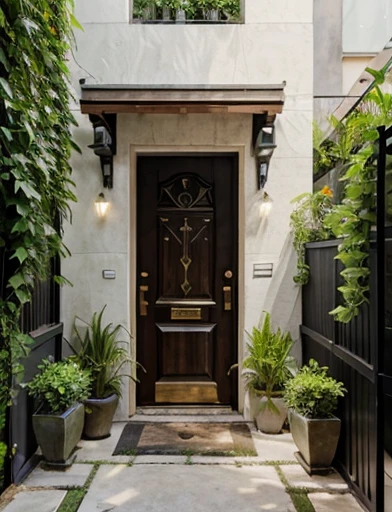 Detailed masterpiece, Create the front of a house entrance, with serene colors, decorated with plants in an urban jungle style , Paint the Wall with Light Textures, revamp the entire image for a modern house construction project