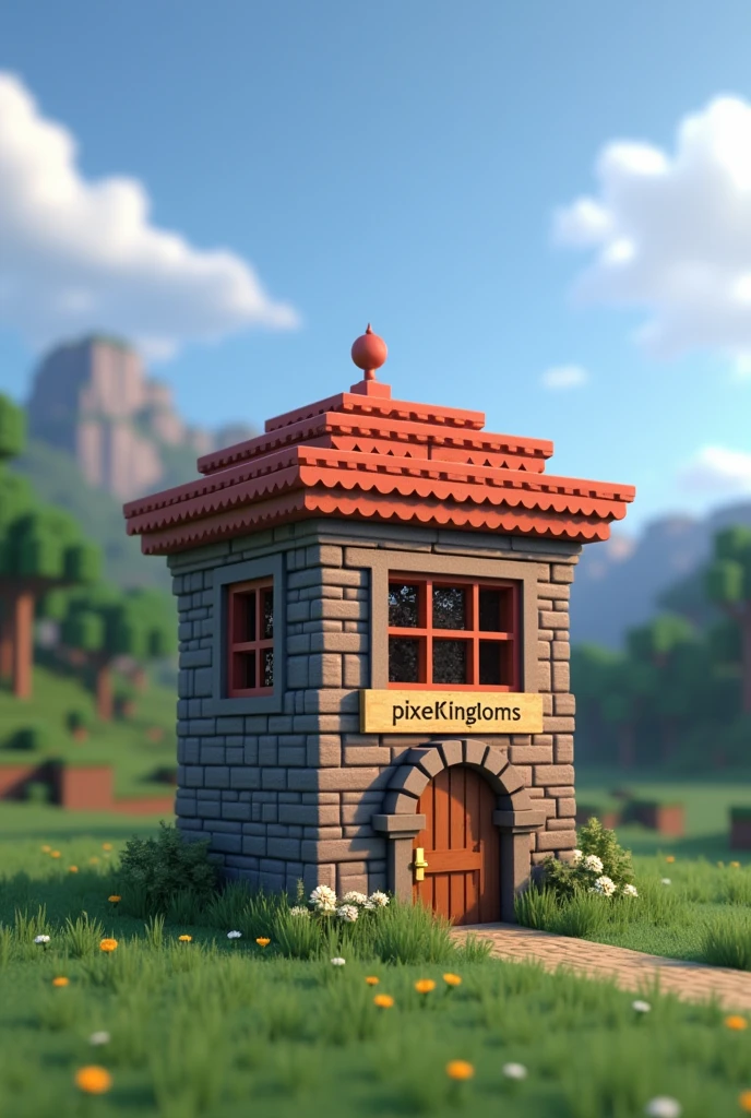 create like a minecraft block in 3d and have a text that says "pixelkingdoms"