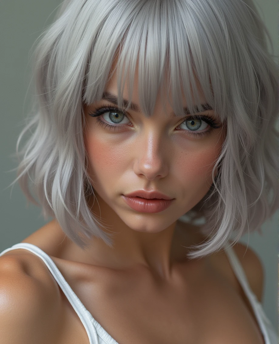 (RAW photo, best quality, masterpiece: 1.2), (photorealistic: 1.4), best lighting, 20 years old, (detail face, detail eyes, light gray eyes, light gray hair, short straight bob cut, Symmetrical eyes, huge breasts :1.3)