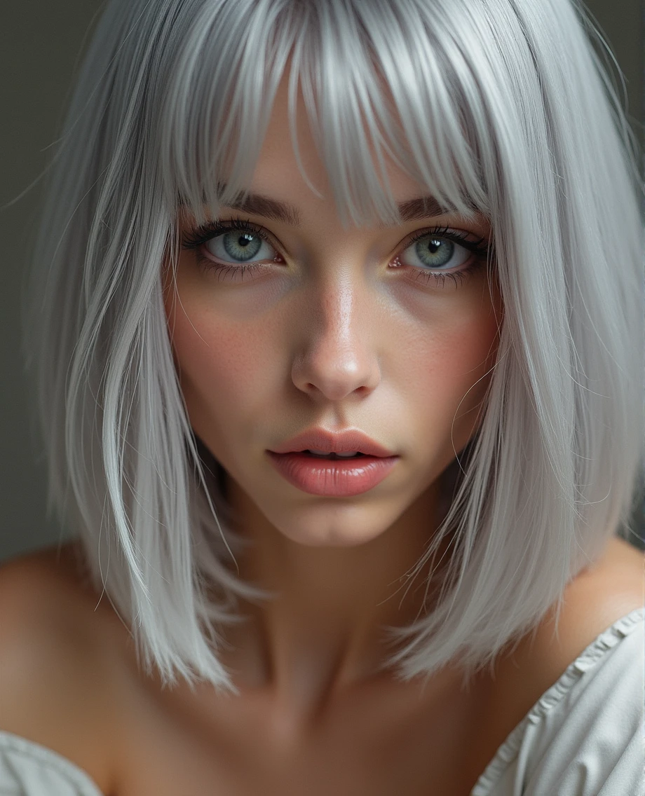 (RAW photo, best quality, masterpiece: 1.2), (photorealistic: 1.4), best lighting, 20 years old, (detail face, detail eyes, light gray eyes, light gray hair, short straight bob cut, Symmetrical eyes, huge breasts :1.3)