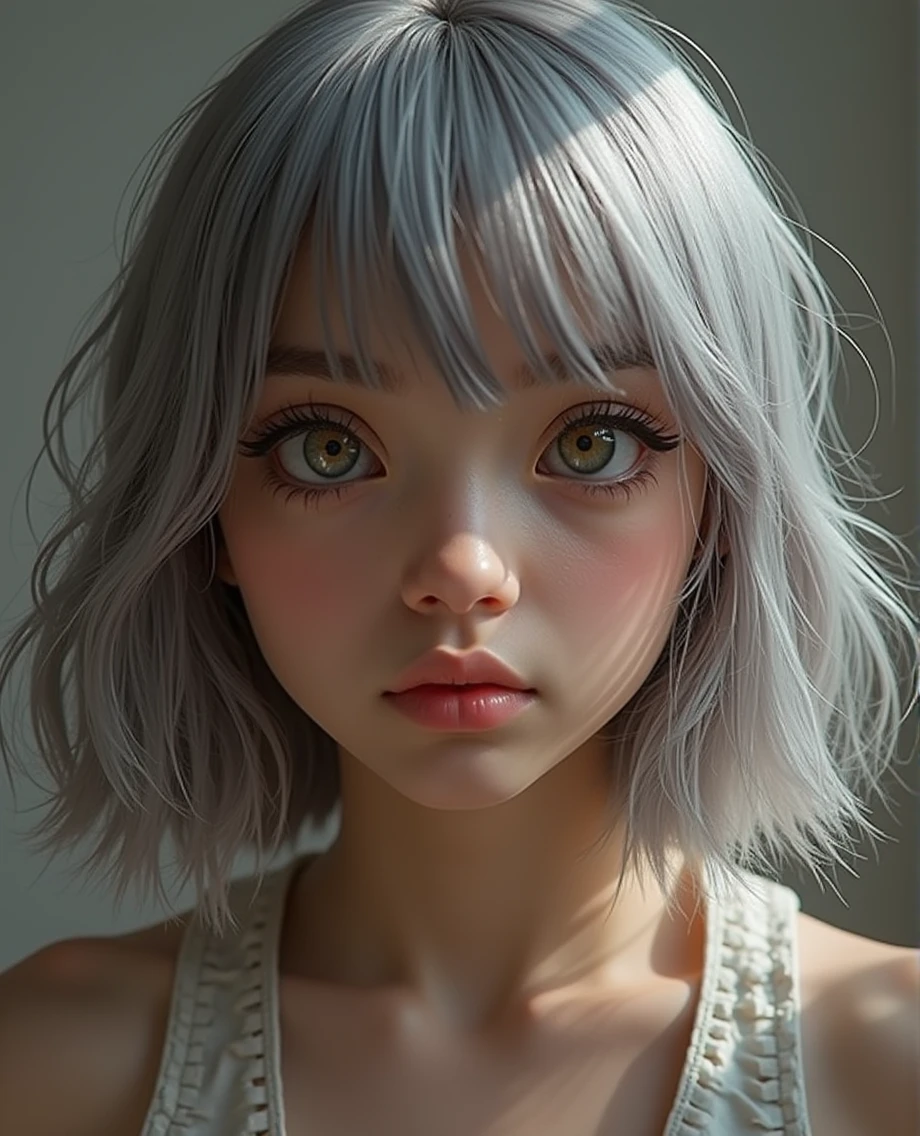 (RAW photo, best quality, masterpiece: 1.2), (photorealistic: 1.4), best lighting, 20 years old, (detail face, detail eyes, light gray eyes, light gray hair, short straight bob cut, Symmetrical eyes, huge breasts :1.3)