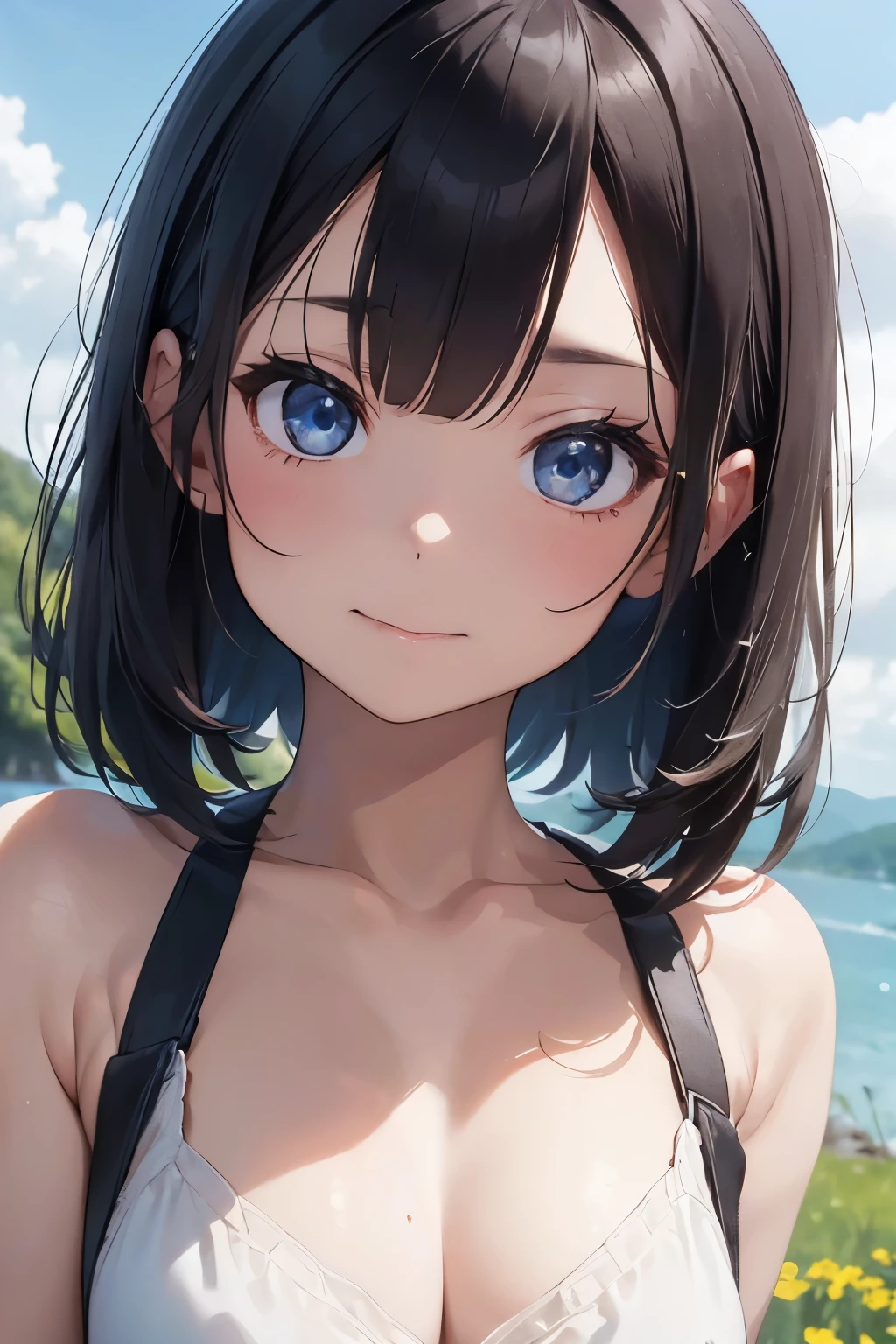 ((Top Quality)), ((Excellent)), (Details),,((Japanese)),, Black Hair,(Childish face),((Straight Hair)), shiny hair, 1 Girl ,((Small breasts)), ((Blue Eyes)),masterpiece, (half-smile), ultra realistic ,((Emphasize the cleavage)),white chemise, Shoulder straps slip off, ((upper body)), ((extreme_close_up)) ,((Emphasize the cleavage)),((topless)) , ((topless))  , best quality, Natural Light, Straight Hair,((blunt bangs)), stunning environment ,vibrant colors ,((extreme_close_up)) ,overhead shot, ((extreme_close_up)) ,((Emphasize the cleavage)), solo, Straight Hair, hair ribbon, outdoors, (Grassland), lake, Flowers, white bow  ,((Small breasts)),((topless)), Shoulder straps fall down and expose the chest ,Small Bust,Small breasts, upper body, blunt bangs ,(Shoulder straps fall down and expose the chest),