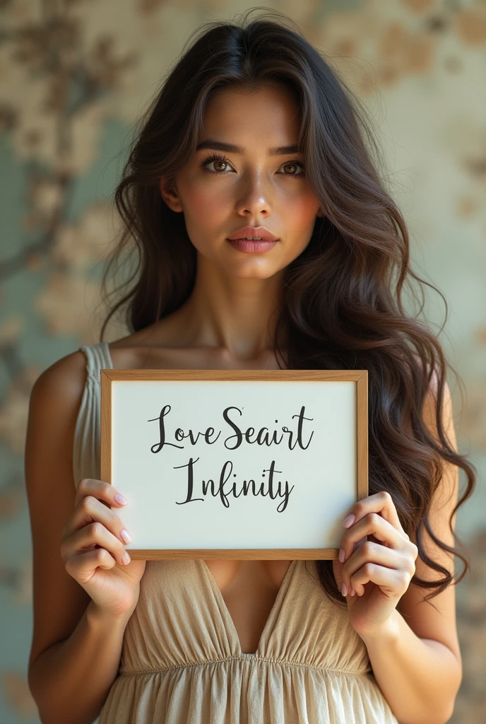 Beautiful girl with wavy long hair, bohemian dress, holding a white board with text "I Love Seaart Infinity" and showing it to the viewer