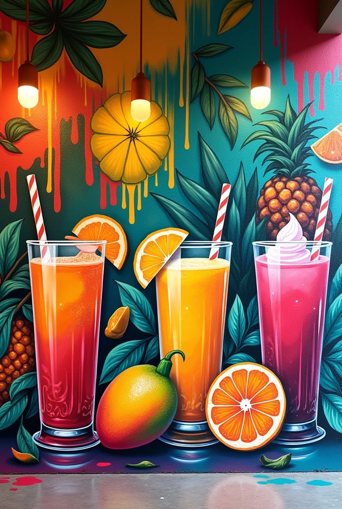 Tropical colored graffiti for ice cream shop walls, juices and fruits