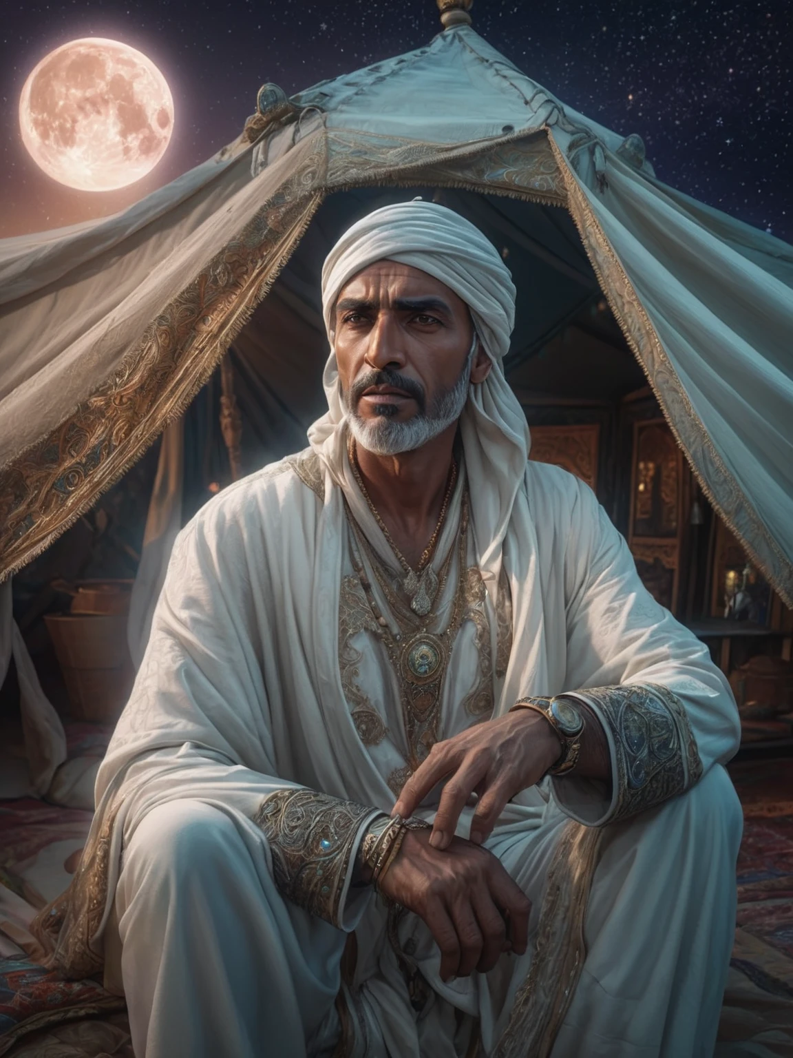 The Charismatic Arabian Merchant, donning white Arabian Desert Outfit at his tent, at bright starry night, big silverish detailed full moon, insanely detailed and intricate, ornate, cinematic photo realistic digital artwork of Don Lawrence, Professional lightroom color grading by Kenneth Hines Jr., artistic style director by Tim Burton, trending on artstation, sharp focus, studio photo, intricate details, highly detailed, by greg rutkowski