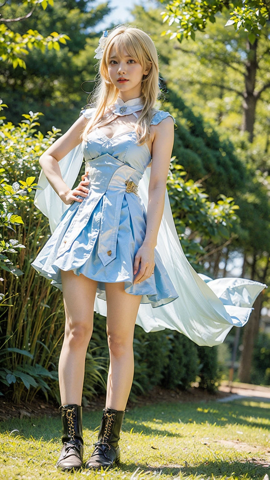 (8k、RAW Photos、Highest quality、masterpiece:1.2)、(Realistic、Realistic)、1 girl、((Blonde、White and light blue、Frills、Cape、mini skirt、Thin legs、whole body、boots、View from the front、Looking into the camera、Stand with hands on hips))、cute