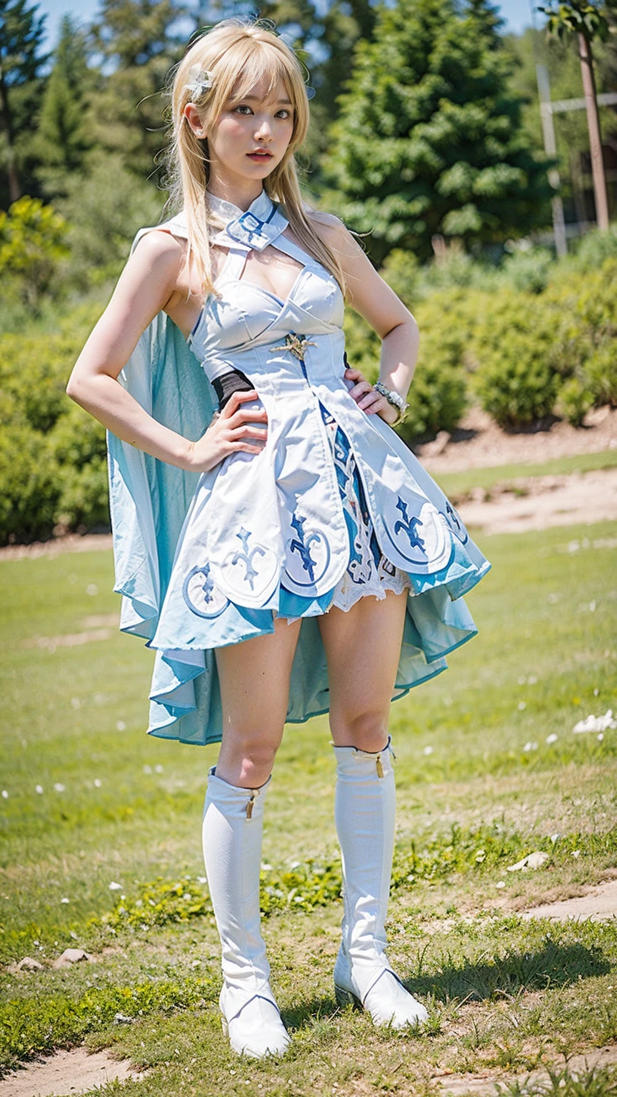 (8k、RAW Photos、Highest quality、masterpiece:1.2)、(Realistic、Realistic)、1 girl、((Blonde、White and light blue、Frills、Cape、mini skirt、Thin legs、whole body、boots、View from the front、Looking into the camera、Stand with hands on hips))、cute