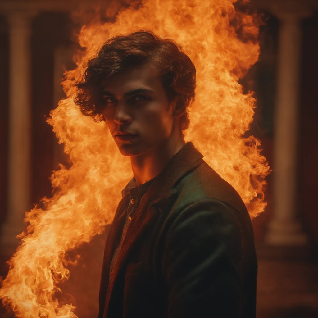 A young man with a burning eye and a burning heart in a room burning with fire