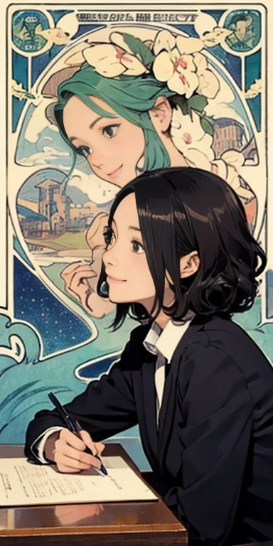 Perfect anime illustration, 100 Girls, all girls are sisters, The sisters are close together, Sisters in the background, マッチしたhair型s, 茶hair, 金hair, Curly Hair, マッチしたhair型, ヘーゼル色のeye, Smiley Nutting Costume), High resolution, whole body,Art Nouveau, Alphonse Mucha Style,Ink Art, Pen and ink, (Highest quality,Tabletop:1.2), 1 beautiful girl, Side view, profile, School_uniform, Bob_cut_hair, 前hair, very_beautiful_face, very_beautiful_eye, flat_eye