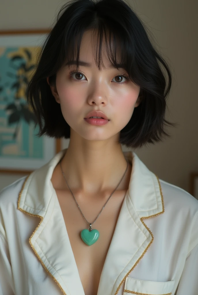 1 girl, solo, woman, 30 yo woman, (((30 years old woman))), (wife), (((dark bob hairstyle, arched eyebrows))), ((small chest)), she's showing her necklace to us, teasing us with her jade hearts jewelry, ((fair skin)), ((round face)), ((cute nose)), ((plump lips)), ((cute cheeks)), ((adorable sexy cute girl)), wearing jade heart pendant, ((wearing pajama)), ((background: indoor in studio apartment, bedroom)) instagram photo, portrait photo, perfect detailed eyes, natural skin, modern contemporary painting on wall, "RA EJA" on wall in polaroid film photos