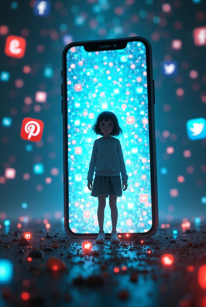 To view the image you describe:
Imagine a girl in the center of a scene, Trapped inside a giant cell phone. Your surroundings are filled with social media icons and logos floating around you., creating a saturated and chaotic environment. The cell phone screen may display intense glare, highlighting the feeling of claustrophobia. The girl might be looking out with an expression of confusion or despair., reflecting her desire to escape the digital world that surrounds her.