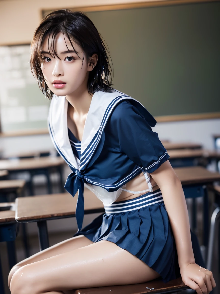(masterpiece:1.2), Very detailed, Ultra-high resolution, (Realistic, photo Realistic:1.6), High-resolution RAW color photos, Professional photos, Sharp focus:1.2, (Very detailed顔と肌の質感, Very beautiful eyes, Glossのある肌, Glowing Skin, Glowing Skin, Shining Face, Gloss, Oily skin, greasy face, Oily skin, greasy face,),, (real Glossのある肌 texture), Perfect Anatomy, Very detailed背景,(High school classroom),((1 female)),25-year-old woman, Japanese women,height: 168cm,(short hair, Straight hair, bangs, Brown Hair),(Flat Chest:1.6),(Slim, thin legs), ((((Short Sleeve White Sailor School Uni形状、Navy blue pleated skirt:1.5、Sexy bra covered by sailor suit:1.4))),(Sit at a desk)、((((Wet and sheer sailor suit:1.5))))