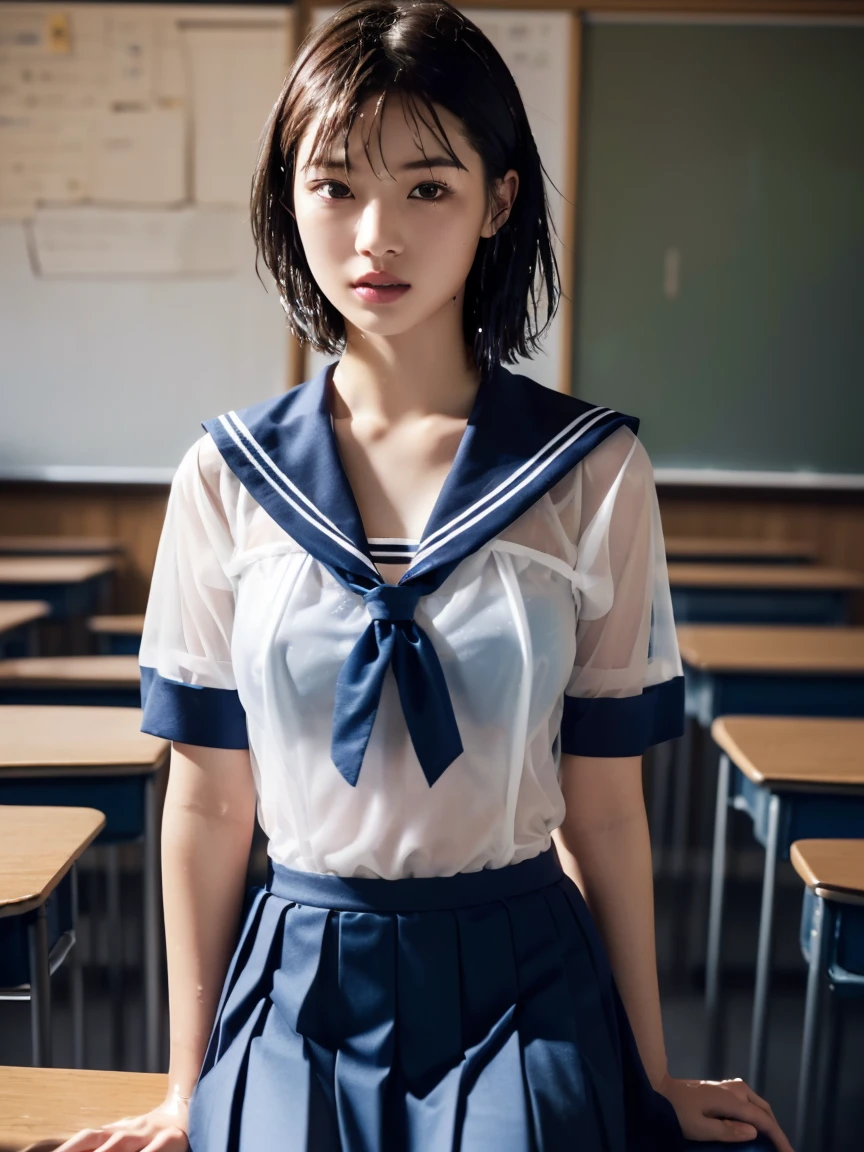 (masterpiece:1.2), Very detailed, Ultra-high resolution, (Realistic, photo Realistic:1.6), High-resolution RAW color photos, Professional photos, Sharp focus:1.2, (Very detailed顔と肌の質感, Very beautiful eyes, Glossのある肌, Glowing Skin, Glowing Skin, Shining Face, Gloss, Oily skin, greasy face, Oily skin, greasy face,),, (real Glossのある肌 texture), Perfect Anatomy, Very detailed背景,(High school classroom),((1 female)),25-year-old woman, Japanese women,height: 168cm,(short hair, Straight hair, bangs, Brown Hair),(Flat Chest:1.6),(Slim, thin legs), ((((Short Sleeve White Sailor School Uni形状、Navy blue pleated skirt：1.5、Sexy bra covered by sailor suit:1.4))),(Sit at a desk)、((((Wet and sheer sailor suit:1.5))))