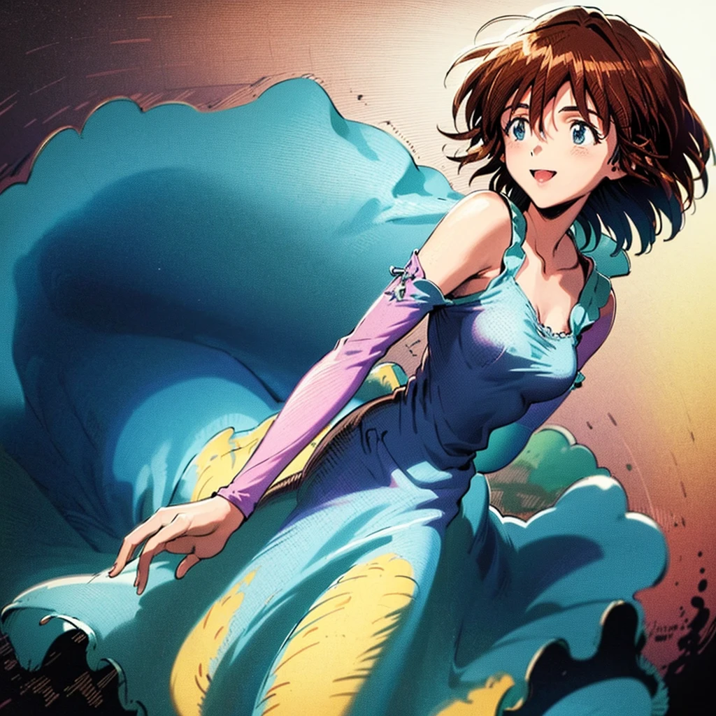 [Core Concept] A vibrant and cheerful digital illustration depicting the character Mana Kirishima, a young girl with short hair.

[Character Description] Mana Kirishima is portrayed as a friendly and energetic young woman with a warm smile, her short, neatly styled hair framing her youthful features.

[Environment/Background] The background setting is a minimalist, clean environment, allowing the character to be the focal point of the image.

[Style and Atmosphere] The illustration has a whimsical and lighthearted aesthetic, with a colorful, digital art style that captures the character's positive mood and energy.

[Composition] The composition places Mana centrally within the frame, her expression and pose conveying a sense of happiness and approachability.

[Details and Embellishments] Subtle details and decorative elements may be incorporated to enhance the overall visual appeal, such as delicate patterns, soft lighting, or playful accents that complement the character's personality.

[Technical Specifications] The image is intended to be used as a digital wallpaper, with a resolution and aspect ratio suitable for common desktop and mobile device displays.