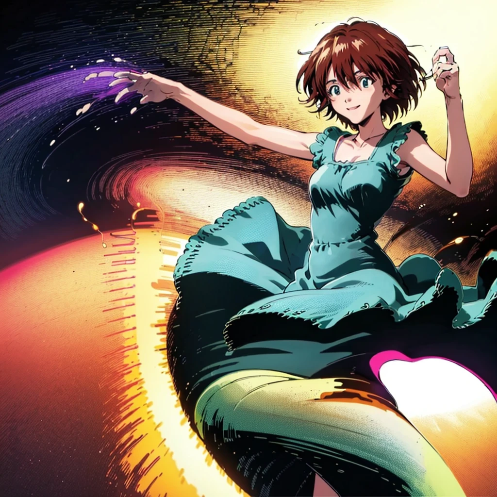 [Core Concept] A vibrant and cheerful digital illustration depicting the character Mana Kirishima, a young girl with short hair.

[Character Description] Mana Kirishima is portrayed as a friendly and energetic young woman with a warm smile, her short, neatly styled hair framing her youthful features.

[Environment/Background] The background setting is a minimalist, clean environment, allowing the character to be the focal point of the image.

[Style and Atmosphere] The illustration has a whimsical and lighthearted aesthetic, with a colorful, digital art style that captures the character's positive mood and energy.

[Composition] The composition places Mana centrally within the frame, her expression and pose conveying a sense of happiness and approachability.

[Details and Embellishments] Subtle details and decorative elements may be incorporated to enhance the overall visual appeal, such as delicate patterns, soft lighting, or playful accents that complement the character's personality.

[Technical Specifications] The image is intended to be used as a digital wallpaper, with a resolution and aspect ratio suitable for common desktop and mobile device displays.