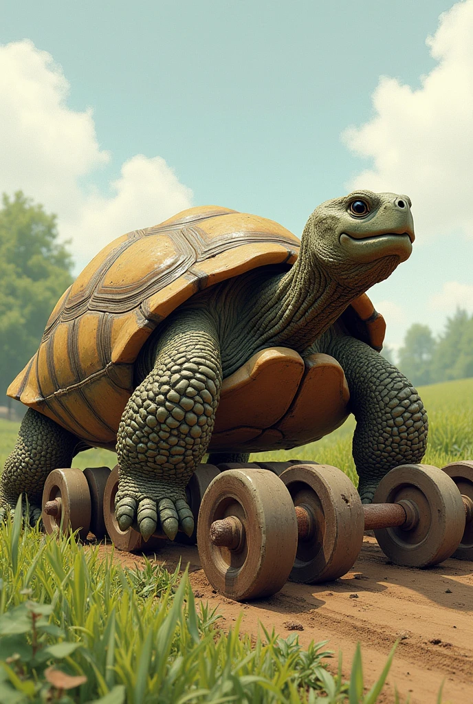 Imagine a robust and determined tortoise, with an expression of effort, dragging a tractor plow harrow. The grid can be the same size with several discs and to look like it is being pulled with difficulty by the tortoise. The setting can be a field or a crop area, highlighting a more profile image from the side, don't forget the grid and make it look like a drawing