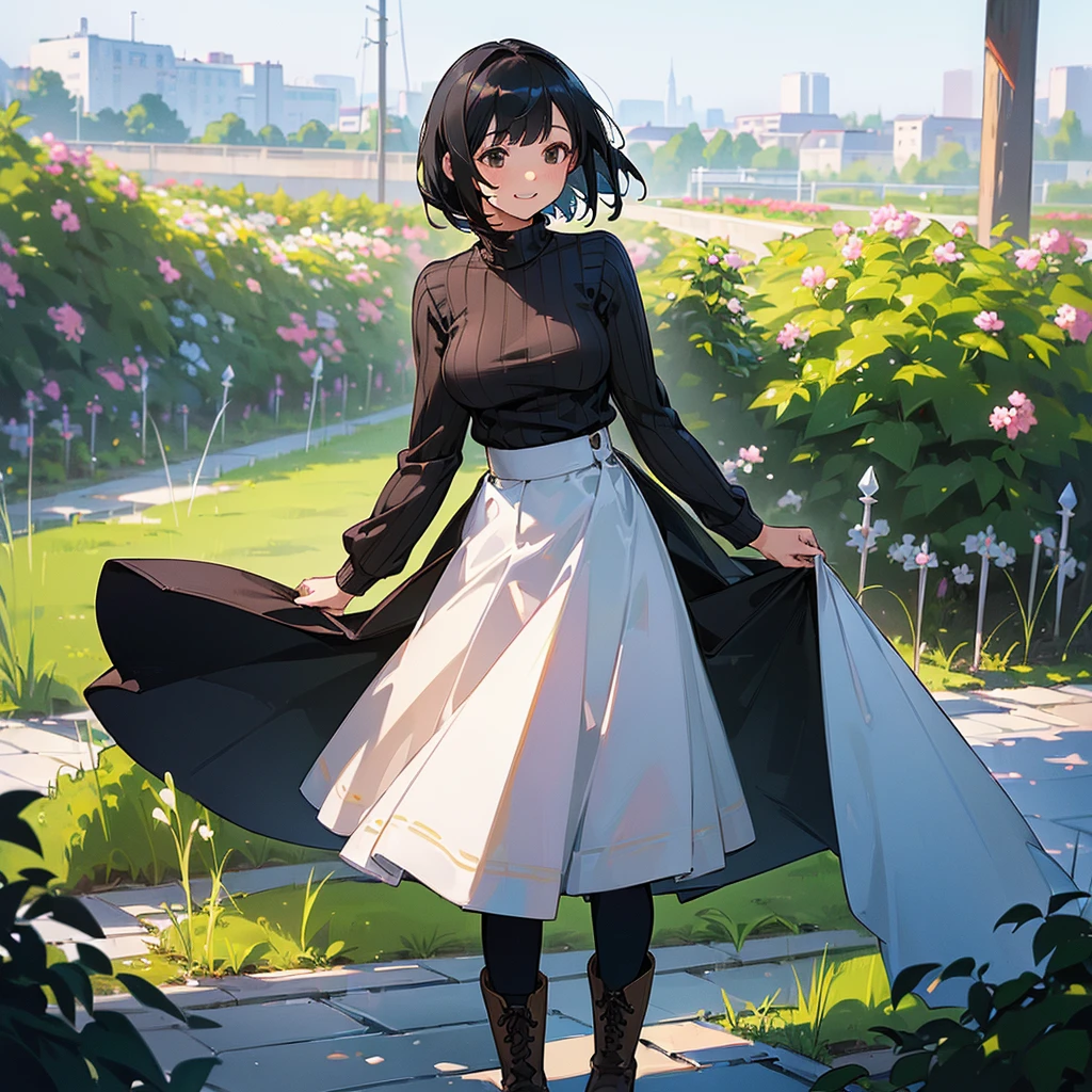 (high quality, High resolution, Very detailed, reality:1.37), Peaceful atmosphere, (Outdoor, garden), Teenage girl standing alone, (my breasts are big.), Beautiful details, Cute Smile, (Black bob hair), Ribbed sweater, Blue Skirt, Black tights, Brown boots.